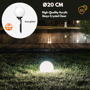 Globe en acrylique opale de 20 cm, lumière électrique DC IP44, éclairage extérieur, piquet en acier, douille E27, résistant aux intempéries, luminaire paysager de jardin - Product Image 1