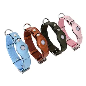 Adjustable Leather PU Handmade Pet Collar Air Tag Dog Collar With GPS Tracking Leather Dog Collar