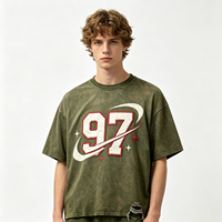 T-shirt Oversize Vintage Lavé avec Imprimé Graphique 97, Coton Épais, Ourlet Effiloché, Style Streetwear pour Homme, Haut Décontracté d'Été