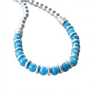 Vintage <b>Blue</b> Silver Resin Bead <b>Necklace</b> Fancy Stylish Round Statement Unique Jewelry Handmade Crafts Wedding Gifts for Women - Product Image 3