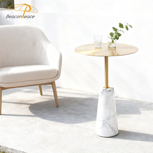 Mesa de Centro Moderna con Base de Mármol, Mesas de Restaurante y Cafetería, Mesa Auxiliar Redonda Pequeña con Superficie de Metal Dorado - Product Image 2