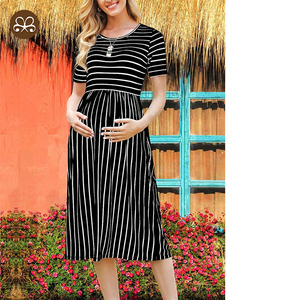 <span class=keywords><strong>Robe</strong></span> de <span class=keywords><strong>maternité</strong></span> décontractée à taille haute Jupe <span class=keywords><strong>mi</strong></span>-<span class=keywords><strong>longue</strong></span> à rayures avec poche sur deux côtés - Product Image 1