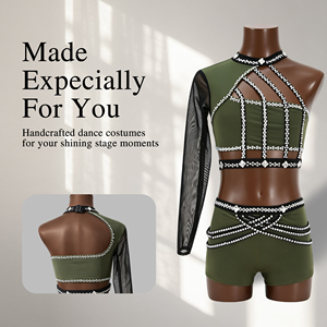 Conjunto de Top Corto y Pantalones Cortos de Danza Contemporánea Verde Oliva con Pedrería, Manga de Malla, para Actuaciones Líricas en Escenario, para Adultos - Product Image 1