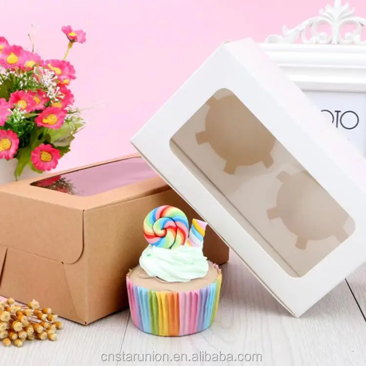 white brown kraft paper folding clear pvc window food package box cupcake packaging box