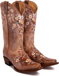 Zapatos de tacón grueso bajo con punta en pico y pantorrilla ancha bordada con flores, <span class=keywords><strong>botas</strong></span> cortas de tacón de vaca marrón a la moda para mujer - Product Image 4