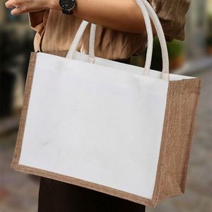 Bolsa de Compras de Lino y Yute Ecológica con Logotipo Personalizado, Bolsa de Mano de Yute con Costuras de Color, Bolsa de Mano de Yute en Blanco para Publicidad - Product Image 3