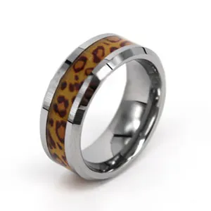 Sexy Leopard Print Inlay Unisex Rings,Animal Print Engagement Rings 8mm Beveled Edge Tungsten Wedding Band