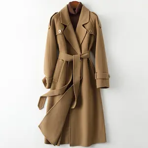 Custom Women Elegant Winter Notched 100% Wool Coats Loose Handmade Trench Woolen Cashmere Feel Overcoat Wool Long Coat Overcoat