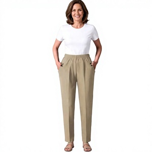 Pantalones de poliéster de cintura alta para mujer, de pierna recta, con pliegues frontales, cintura elástica, color beige, casuales, largos, resistentes a las arrugas - Product Image 1