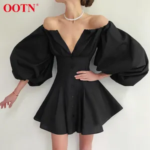 Ootn mini vestido de manga longa preto com botão, 2020 branco, elegante, cintura alta, ajuste e solto, feminino