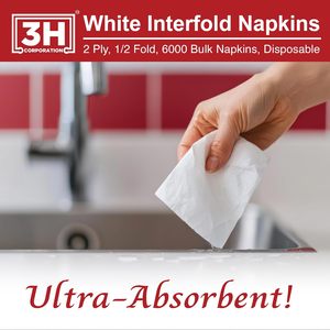 กระดาษเช็ดปากแบบพับ 3H สีขาว ใช้แล้วทิ้ง 2 ชั้น 6000 แผ่น บรรจุภัณฑ์แบบแพ็คใหญ่ (24 แพ็ค, 250 แผ่น/แพ็ค) ขนาด 6.3" x 7.6" เมื่อกางออก - Product Image 3