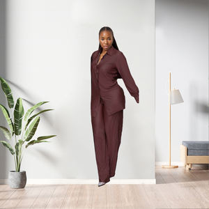 New Design Casual Solid Color Long Sleeve Shirt Two Piece <b>Pants</b> Set Women Fashion - Product Image 4