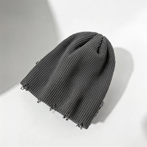 Gorro unisex de punto de alta calidad, estilo holgado, con efecto desgastado, cálido, para esquí, con borde deshilachado, para invierno y clima frío - Product Image 1