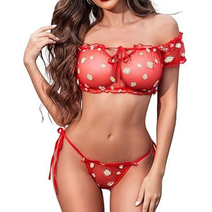 Summer New <b>Women</b> Seductive Enticing Sheer Mesh Bralette Panties Set Strapless One-Shoulder Lingerie Nightwear Underwear - Product Image 5