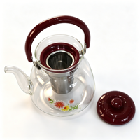 Théière en verre borosilicate à imprimé floral, poignée rouge, grande capacité, avec infuseur amovible, cadeau idéal pour la famille et les amis