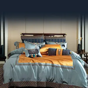 Housse de couette brodée bleu satin 100% coton luxe 4 pièces king size jaune style classique draps de lit ensemble de literie grossiste