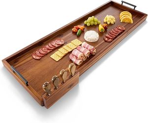 Planche de service et de découpe en bambou, grande et épaisse, pour charcuterie, avec porte-couteaux et tiroirs pour ustensiles - Product Image 1