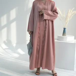 Islamitische Kleding Zomer Effen Kleur Moslim 2 Stuk Kraal Abaya Jurk Set Groothandel Kralen Abaya Dubai