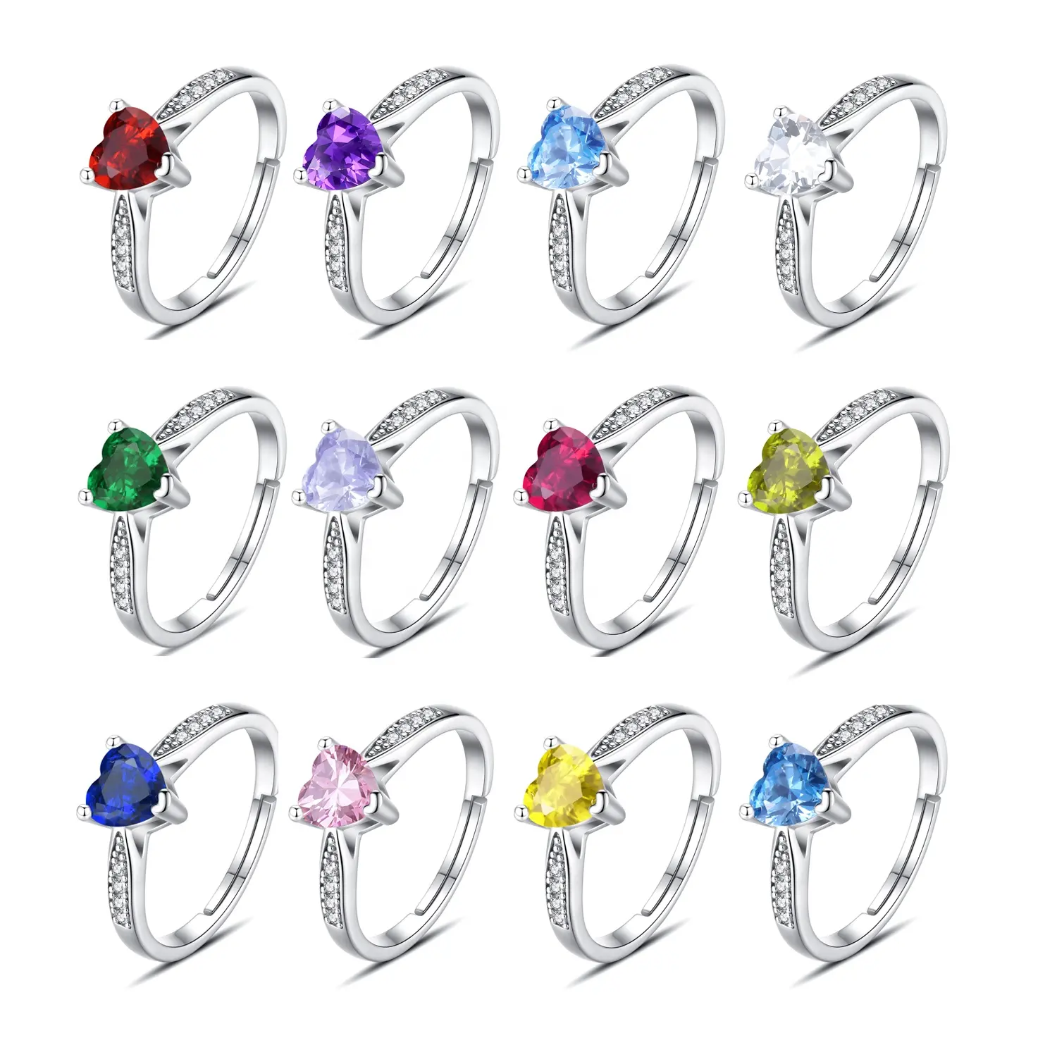 Isunni Delicate Birthstone S925 Sterling Silver Heart Shape Ouverture Anneaux Réglables