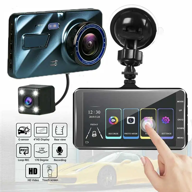 Voertuig Rijden Recorder 4 Inch Touch Screen Dual Lens Auto Camera Dvr Voor En Achter Dash Camera
