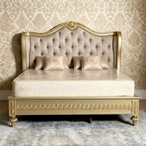 Premium Queen Size Gold Trim <b>Bed</b> With Beige Diamond Tufted Nailhead Ornate Carved Headboard For European Luxury Bedroom - Product Image 1