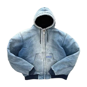 Felpe con Cappuccio Oversize in Denim per <span class=keywords><strong>Uomo</strong></span> con Logo Personalizzato, Felpe in Cotone con Zip e Lavaggio Acido, Abbigliamento Streetwear OEM - Product Image 1