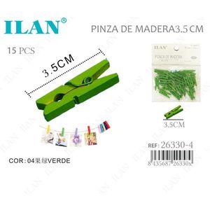 Ilan Mollette in Legno 3,5 Cm Verdi 15 Pezzi per Asciugare il Bucato - Product Image 1