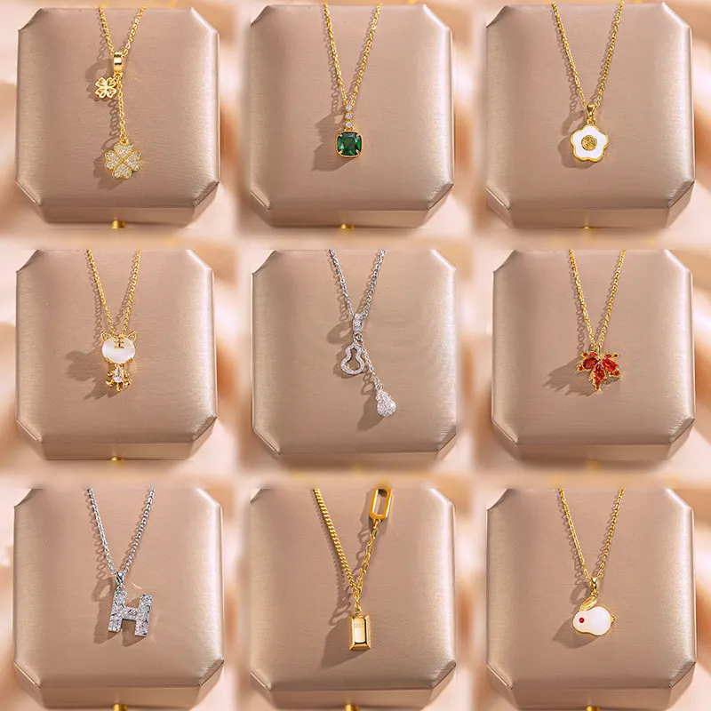 Korean Luxury Real Gold plated Stainless Steel Zircon Butterfly Heart Pendant Necklace Women Opal Cz Daisy Leaf Necklace Jewelry