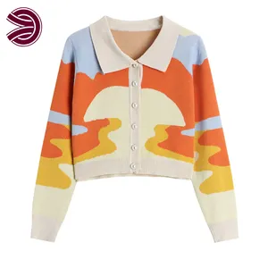 New Fashion Designer Multi Color Pattern Cardigan Ladies Harajuku Sweater Jacquard Tapestry Custom Knitted Sweater
