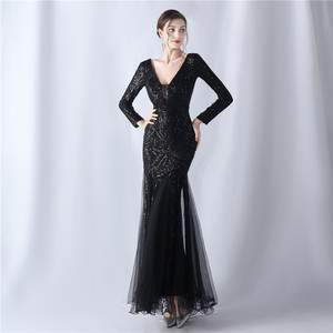 Nuovo Abito da Sera di Alta Qualità con Paillettes a Rete, <span class=keywords><strong>Maniche</strong></span> <span class=keywords><strong>Lunghe</strong></span>, Scollo a V e Silhouette a Sirena - Product Image 2