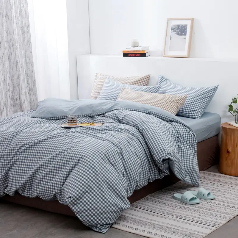 Parure de lit nordique à petites grilles, bleu océan, coton délavé, drap/housse de lit/taie d'oreiller, vente en gros,