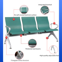 Chaise élégante 4 places en PU avec accoudoirs en fer et pieds métalliques, banquette de bureau, réception, salle d'attente, coussin moelleux, aéroport, hôpital