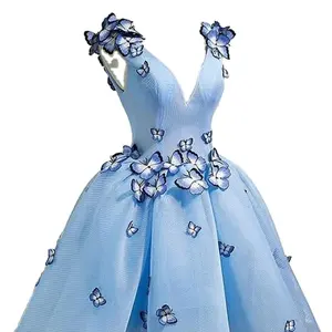 A Line Sky Blue V Neck Lace up Junior Cute Homecoming Short Party Dress with Butterfly Flowers