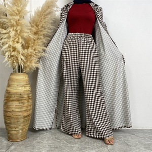 6674# Summer Fast Fashion 2 Piece <b>Set</b> Satin Printed Pant <b>Sets</b> With Buttons Long Cardigan Loose Women Pants for Muslim Women - Product Image 2