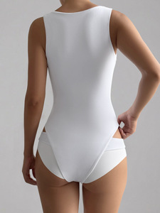Body da <span class=keywords><strong>donna</strong></span> scollato a V profondo senza maniche, aderente, bianco tinta unita, stile canotta, per abbigliamento casual e da discoteca - Product Image 5