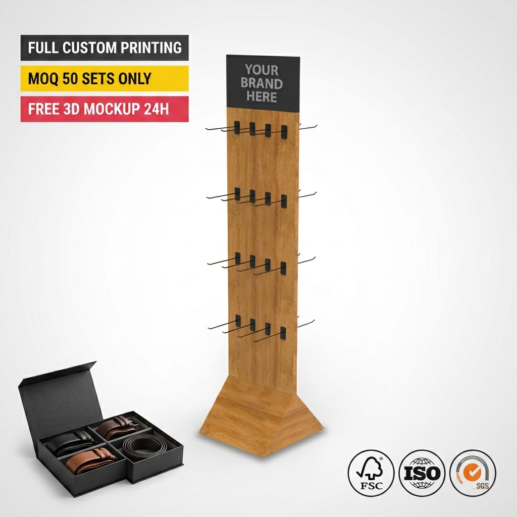 Custom Clothing Floor Standing Wooden Belt Display Rack Rotating Accessory Stand for Shop Leather Belt Display Stand with Hooks — view 1