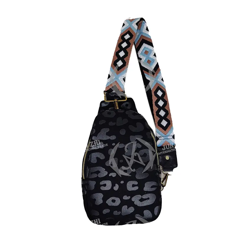 Aztec Woven Strap Crossbody Women Black Leopard Print Sling Bag