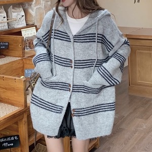Cárdigan de punto con capucha a rayas, blanco, azul, gris, rojo, grosor estándar, fibra acrílica, suéter para mujer, top oversize, holgado, informal - Product Image 4