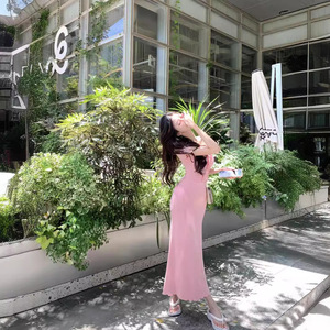 Women Bodycon Maxi Dress Long Skirt Solid Color Gray Sexy Slim Fit Waist Cinching Design Summer Vacation Wear - Product Image 3