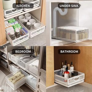 Étagère de rangement pliable en fil métallique avec poignée, empilable, organisateur d'évier sans perçage, panier de rangement adhésif pour cuisine et salle de bain - Product Image 6