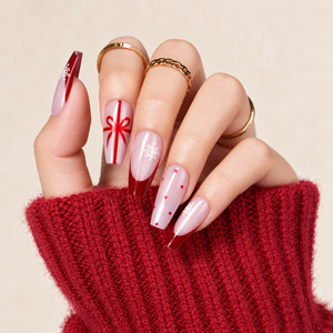 Faux ongles longs forme cercueil bordeaux style presse française, motif flocon de neige blanc et pois rouges, style Noël, OEM ODM pour filles - Product Image 1
