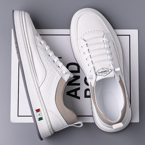 Chilowa Men's <b>White</b> Sneakers Low <b>Heel</b> Breathable Leather Casual Shoes For Leisure - Product Image 2