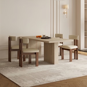 Tavolo da Pranzo Moderno Minimalista in Travertino Francese e Pietra Sinterizzata, Tavolo Rettangolare Stile Mid-Century per Piccoli Appartamenti - Product Image 1