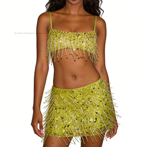 Women's Casual Solid 2-Piece Sequin Fringe Set Spaghetti <b>Strap</b> Crop Top & Above <b>Knee</b> Mini Skirt for Party & Evening Wear - Product Image 4