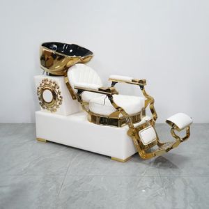 <b>Portable</b> Ceramic Basin Stainless Steel Gold Shampoo <b>Bed</b> Semi-reclining Shampoo Chair with Adjustable Footrest for Barber Shop - Product Image 1