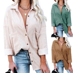 Chemises boutonnées en velours côtelé décontractées pour femmes, couleur unie, manches longues, manteau surdimensionné, chemisiers tendance, hauts vintage, streetwear - Product Image 3