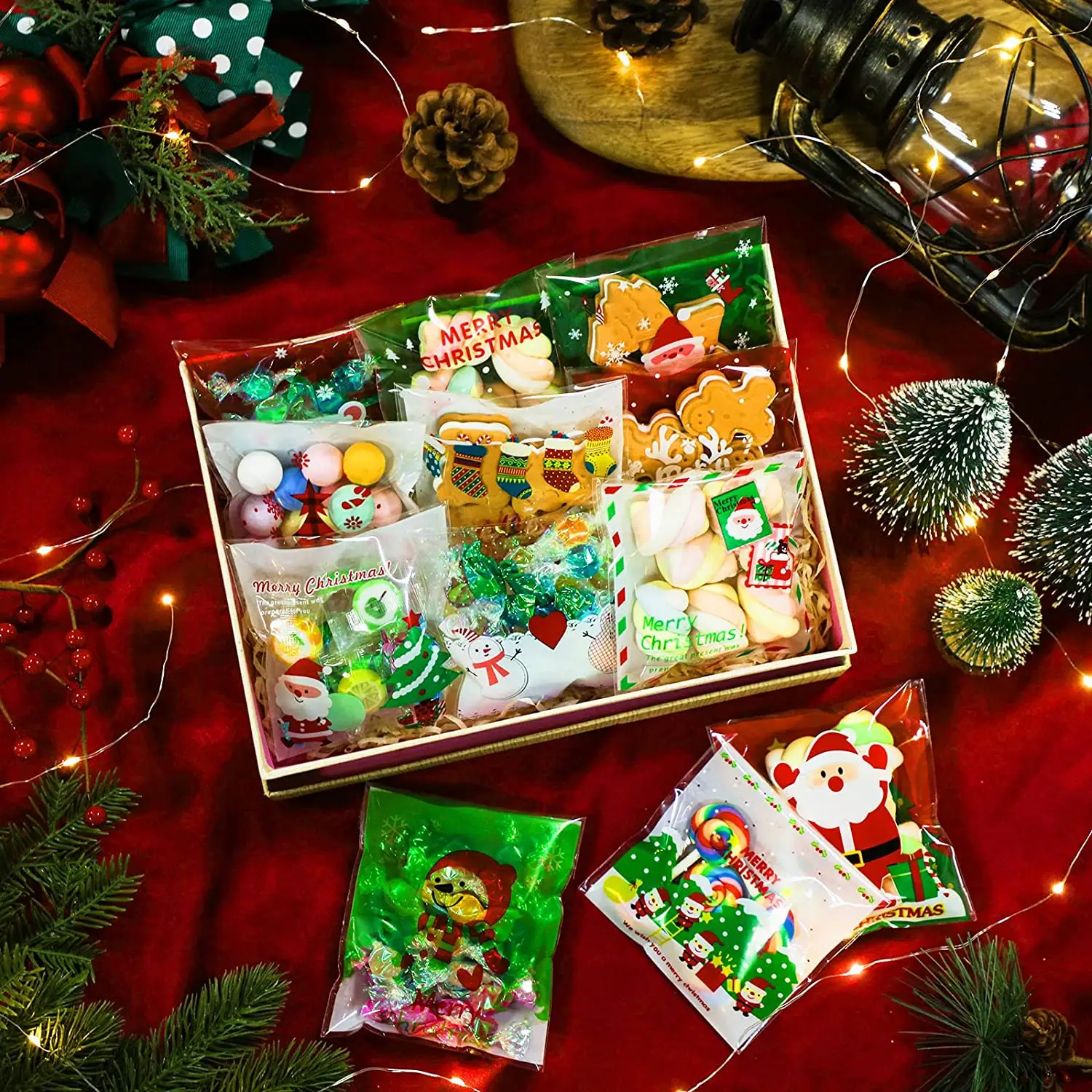 Natale Cellophane autoadesivo sigillabile autosigillante natale piccolo sacchetto regalo trasparente per cibo natalizio biscotto caramelle biscotto