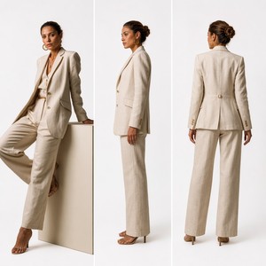 Ensemble de costume trois pièces en lin beige pour <span class=keywords><strong>femme</strong></span>, blazer, gilet et <span class=keywords><strong>pantalon</strong></span> droit, <span class=keywords><strong>tailleur</strong></span>-<span class=keywords><strong>pantalon</strong></span> d'été pour affaires, personnalisable OEM/ODM - Product Image 3