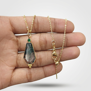 High quality natural moss agate <b>with</b> emerald cz accent pendant charms 18k gold plated coffin shape unisex wear jewelry necklace - Product Image 4