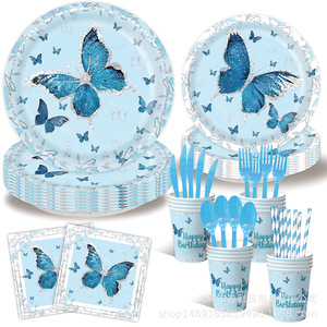 Ensemble de vaisselle jetable pour fête sur le thème des papillons, 60-80 pièces, décorations d'anniversaire, plastique et papier écologiques - Product Image 3